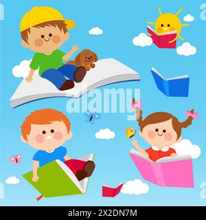 Glückliche Kinder, die mit Büchern am Himmel fliegen. Kinder buchen Tagesfeier. Stockfoto