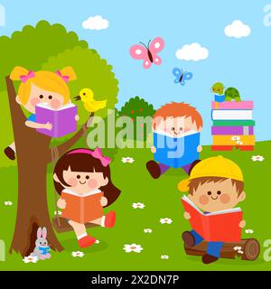 Glückliche Kinder, die Bücher in der Natur lesen. Kinder im Park genießen Unterricht und Lesen. Stockfoto