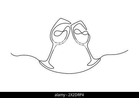 Durchgehende, einzeilige Zeichnung von zwei Gläsern Wein. Minimalistisches lineares Festkonzept. Vektorabbildung Stock Vektor