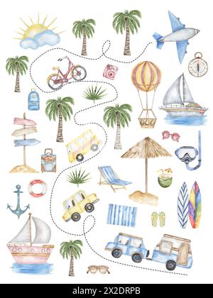 Aquarell ABC-Poster für Bildungsreisen mit Elementen und Objekten. Nette Home School Illustration mit Transport: Auto, Schiff, Wagen, Bus, Yacht, Flugzeug, Stockfoto