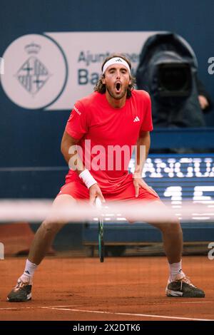 Barcelona, Spanien. April 2024. Stefanos Tsitsipas (Griechenland) reagiert beim Finalspiel gegen Casper Ruud (Norwegen) beim ATP Barcelona Open Banc Sabadell Tennis Turnier im Real Club de Tennis, Barcelona, Spanien, 21. April 2024. Quelle: Joan Gosa/Xinhua/Alamy Live News Stockfoto