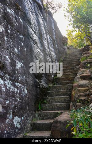 Schmugglerpiste auf der Landzunge von Barrenjoey, steile Stufen und große Felsbrocken führen zum Leuchtturm von Barrenjeoy in Sydney, NSW, Australien Stockfoto