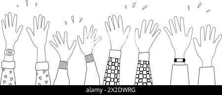 Kritzelskizze Hände hoch Gesten Comic Icons Silhouetten Vektor Set. Eine Gruppe von lustigen Comic-Händen in der Luft. Abstimmung oder herzlichen Glückwunsch audie Stock Vektor