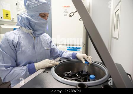 Zentrifugieren. Produktionsraum, Reinraum Klasse B. Labor, Fundación Inbiomed, Genetrix Group. Zentrum für Stammzellforschung und regenerative m Stockfoto