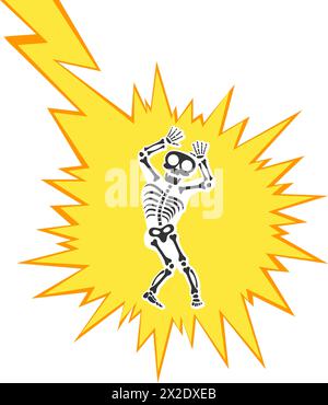 Skelett Elektroschock durch Hochspannung oder Beleuchtung Elektroschock Vorsicht Silhouette flache Design Vektor Illustration. Stock Vektor