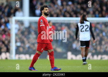 Mohamed Salah aus Liverpool wurde am 21. April 2024 während des Premier League-Spiels zwischen Fulham und Liverpool im Craven Cottage in London gesehen. Foto von Carlton Myrie. Nur redaktionelle Verwendung, Lizenz für kommerzielle Nutzung erforderlich. Keine Verwendung bei Wetten, Spielen oder Publikationen eines einzelnen Clubs/einer Liga/eines Spielers. Stockfoto