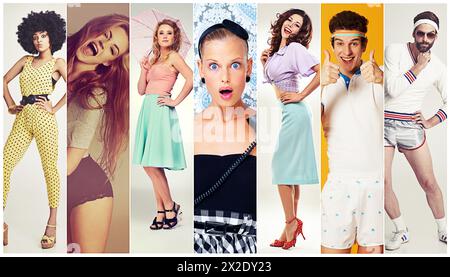 Collage von stilvollen und vielseitigen Menschen mit trendiger, cooler und Vintage-Kleidung im Studio. Fröhliche und aufregende Gruppe mit Retro, elegant und ästhetisch Stockfoto