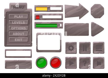 Steinrahmen und Knöpfe. Comic-Benutzeroberflächenelemente. Mittelalterlicher Stil. GUI-Menü „Rocky Texture“. Plaques und Ladefortschrittsbalken. Platinen mit Stock Vektor