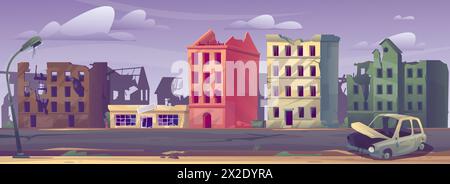 Beschädigte Stadtlandschaft. Panorama der Ruine der Stadt. Verlassene Gebäude mit Rissen. Postapokalyptisches Stadtbild. Kaputte Häuser. Architektur der Warzone Stock Vektor