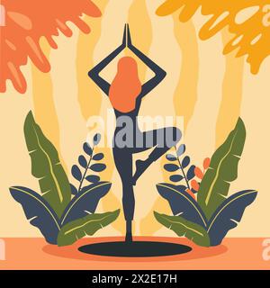 Silhouette of Woman übt Yoga Pose Sport Meditation mit Blattpflanze Stock Vektor