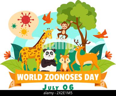 Welt Zoonosen Tag Vektor Illustration am 6. Juli mit verschiedenen Tieren und Pflanze, die im Wald ist, um in Flat Cartoon Hintergrund Design zu schützen Stock Vektor