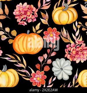 Nahtloses Muster mit Herbstblumen und Kürbissen. Hand gezeichnete gefallene Blätter und Ernte endlose Ernte Festival Hintergrund. Druck für Stoff und Stockfoto
