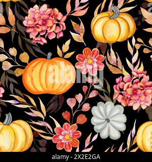 Nahtloses Muster mit Herbstblumen und Kürbissen. Hand gezeichnete gefallene Blätter und Ernte endlose Ernte Festival Hintergrund. Druck für Stoff und Stockfoto