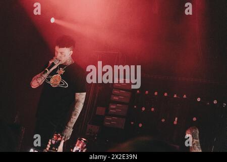 Kopenhagen, Dänemark. April 2024. Der amerikanische Rapper Brennan Savage gibt ein Live-Konzert im Pumpehuset in Kopenhagen. (Foto: Gonzales Photo/Alamy Live News Stockfoto