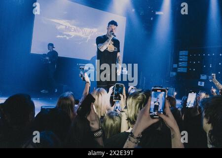 Kopenhagen, Dänemark. April 2024. Der amerikanische Rapper Brennan Savage gibt ein Live-Konzert im Pumpehuset in Kopenhagen. (Foto: Gonzales Photo/Alamy Live News Stockfoto