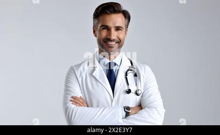 Lächelnder Arzt in weißem Fell und überkreuzten Armen Stockfoto