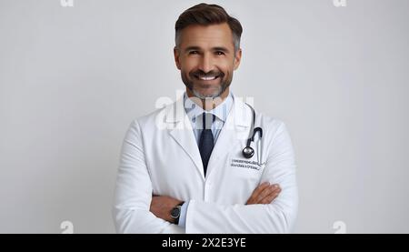Lächelnder Arzt in weißem Fell und überkreuzten Armen Stockfoto
