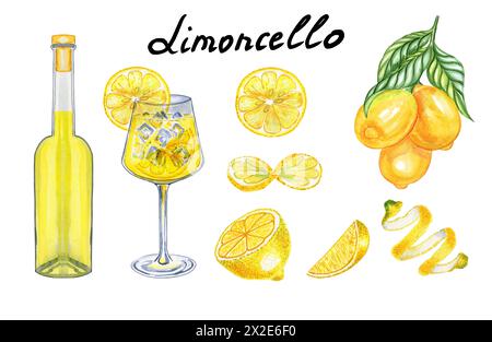 Set aus Limoncello mit Aquarellmalerei in Gläsern und Flaschen. Handgezeichnete Illustration von italienischem Zitronenlikör und Obst auf einem isolierten Hintergrund. Für Stockfoto