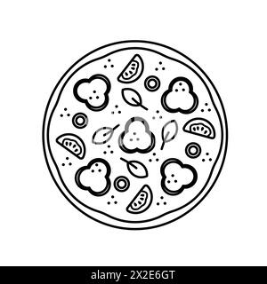 Vector ganze leckere Pizza italienisches Fast Food. Vegetarische Pizza. Pfeffer, Oliven, Tomaten, Basilikum. Lieferservice, Fast Food. Skizze mit Umrissstil auf W Stockfoto