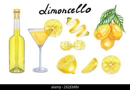 Set aus Limoncello mit Aquarellmalerei in Gläsern und Flaschen. Handgezeichnete Illustration von italienischem Zitronenlikör und Obst auf einem isolierten Hintergrund. Für Stockfoto