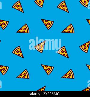 Nahtloses Muster für Pizza-Pepperoni. Vektorillustration isoliert auf blauem Hintergrund. Für Hintergrund, Einladung, Grußkarte. Einfache flache Grafik Stockfoto