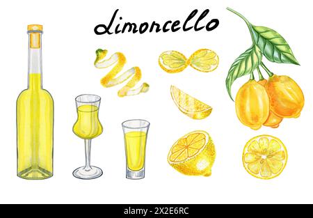 Set aus Limoncello mit Aquarellmalerei in Gläsern und Flaschen. Handgezeichnete Illustration von italienischem Zitronenlikör und Obst auf einem isolierten Hintergrund. Für Stockfoto