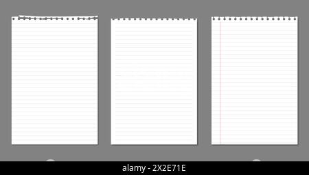 Satz gerissenes, liniertes Notizbuchpapier mit weichem Schatten auf dunkelgrauem Hintergrund für Text. Stock Vektor