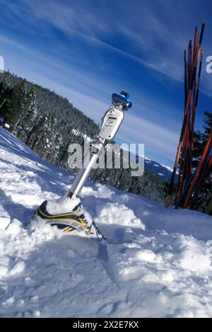 Der behinderte Abfahrtsläufer Allison Jones trainiert im Winter Park Resort, Colorado-Allisons Fußprothese an der Spitze der Piste Stockfoto