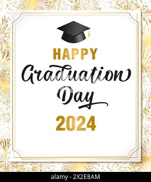 Happy Graduation Day 2024 Schulbanner Konzept. Weihnachtskulisse mit goldenem Feuerwerk. 3D-Blatt Papier. Dekorativer Rahmen in Vintage-Gold. Diplom des Stock Vektor