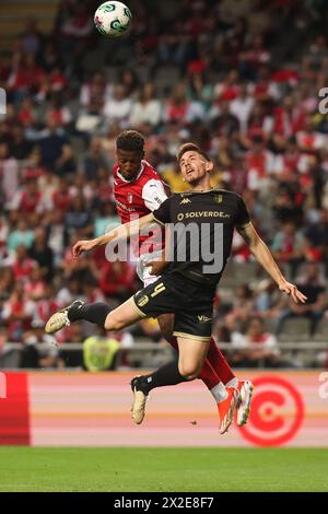 Braga, 04/20/2024 - Sporting Clube de Braga war heute Abend Gastgeber des FC Vicela im Braga Municipal Stadion in einem Spiel, das für die 30. Runde der I League 2023 zählt. Banza und Jota (Ivan Del Val/Global Imagens) Stockfoto