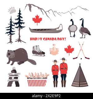 Kanadische Symbole wie Biber, Gans, Kanu, Tipi, Hockey, königliche Polizei, Ahornblätter und Berge. Happy National Day of Canada. Vektor Stock Vektor