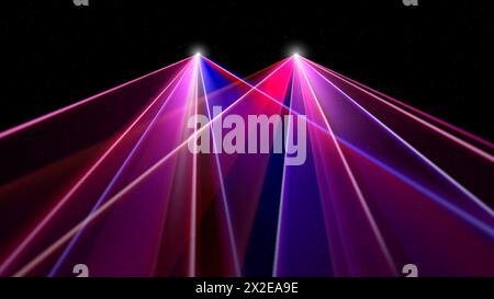 Laserlichtshow. Helle LED-Laserstrahlen, dj-Lichtparty. LED-Stroboskop-Leuchten, beleuchtete rote rosa blaue Bühne. Hintergrund, Hintergrund für die Anzeige von Produkt Stock Vektor