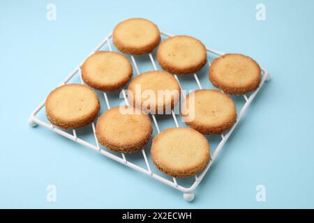 Leckere süße Zuckerkekse auf hellblauem Hintergrund Stockfoto