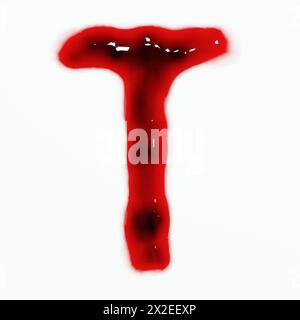 3D-Darstellung von isolierten Buchstaben aus Blut oder Rotwein von oben. Stockfoto