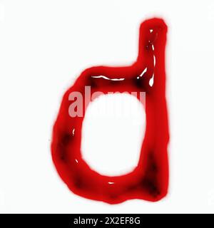 3D-Darstellung von isolierten Buchstaben aus Blut oder Rotwein von oben. Stockfoto