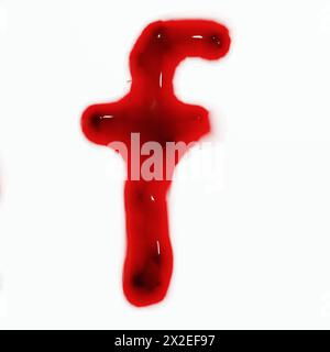 3D-Darstellung von isolierten Buchstaben aus Blut oder Rotwein von oben. Stockfoto