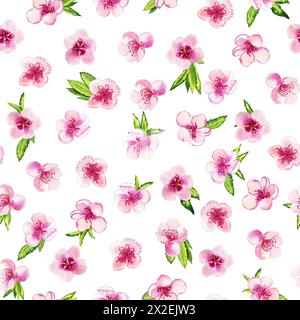 Zarte rosafarbene Frühlingsblumen und hinterlässt ein nahtloses Aquarellmuster. Handgezeichnete Pfirsichknospen und Kirschknospen für Stoff und Tapeten. Endlos Stockfoto
