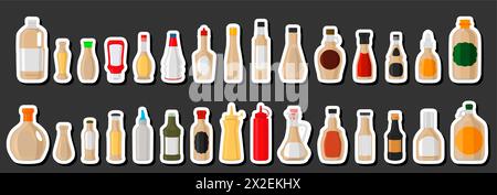 Illustrationsthema großes Kit verschiedene Glasflaschen gefüllte flüssige Soße Sesam, Flaschen bestehend aus Sesamsauce, leere Etiketten für Titel, Soße Sesam Stock Vektor