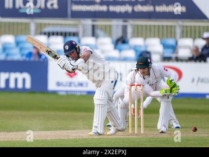 Derbyshires Wayne Madsen spielte in einem Match der Vitality County Championship gegen Leicestershire mit dem Torhüter Ben Cox Stockfoto