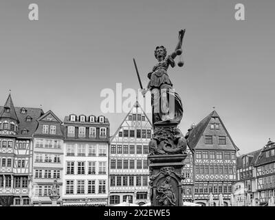 Frankfurt, Deutschland - 10. April 2024: Statue der Justizfrau mit dem alten Brunnen am Frankfurter römerplatz. Stockfoto