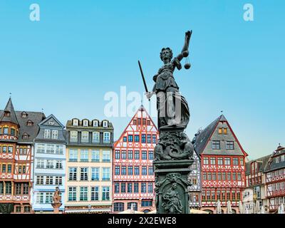 Frankfurt, Deutschland - 10. April 2024: Statue der Justizfrau mit dem alten Brunnen am Frankfurter römerplatz. Stockfoto