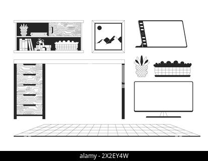 Grafikdesigner-Gadgets Möbel schwarz-weiß 2D-Linie Zeichentrickobjekte Set Stock Vektor