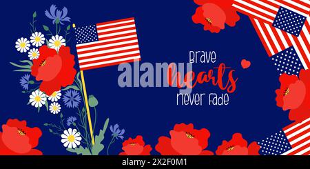 Memorial Day Banner. Amerikanische Fahnen mit Blumen rotem Mohn, Kornblumen und Kamille auf blauem Hintergrund. Vektorabbildung horizontales Poster für DE Stock Vektor