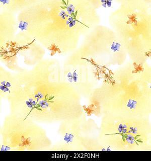 Nahtloses Muster mit handgezeichneten Blumen. Gelbe Blütenzweige isoliert auf Aquarellhintergrund. Der erste Frühling blüht blau und gelb. Sprin Stockfoto