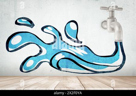 Wasserströmung durch Wasserhahn gegen blaues Kunstwerk Stockfoto