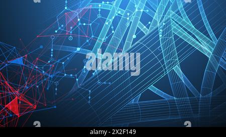 SCI-fi-Hintergrund. Drahtmodell-dynamische Rohre unter Verwendung von farbigem Plexuseffekt und Sechsecken. Stock Vektor