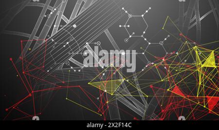 SCI-fi-Hintergrund. Drahtmodell-dynamische Rohre unter Verwendung von farbigem Plexuseffekt und Sechsecken. Stock Vektor