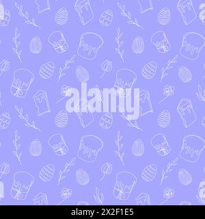 Nahtloses Muster aus Ostereiern, Osterkulich-Kuchen und Blumenelementen. Durchgehende einzeilige Zeichnung. Blauer Hintergrund. Festliches Design. Osterdekoration Stock Vektor