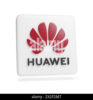 Buenos Aires, Argentinien; 5. April 2024: Huawei-Logo in drei Dimensionen isoliert auf weißem Hintergrund. 3D-Abbildung. Stockfoto