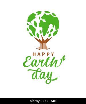 Hintergrundbild-Poster zum Happy Earth Day. Kreative Grüße mit dem Logo-Konzept „Tree of Life“. T-Shirt Grafik Idee. Süßer Baum mit grünen Blättern Stock Vektor
